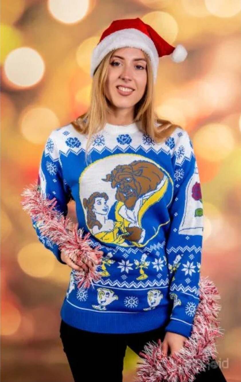 Disney Beauty & the Beast Ugly Christmas Sweater Blue White Yellow Belle Size XS